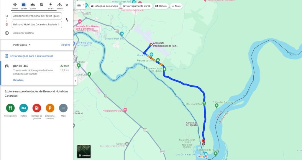 Print do Google Maps com a distância do Aeroporto Internacional de Foz do Iguaçu até o Hotel Belmont Cataratas do Iguaçu