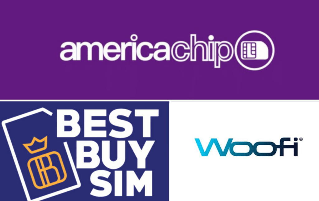 Logotipos de três empresas: America Chip em um fundo roxo, Best Buy Sim em um fundo azul e Woofi em um fundo branco.