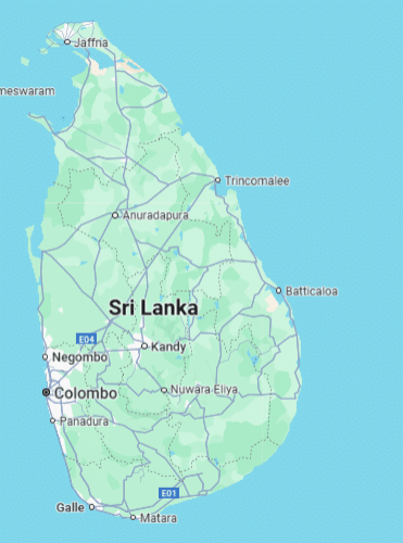 Mapa do Sri Lanka mostrando as principais estradas, cidades como Colombo, Kandy e Galle, além de características geográficas com terreno verde. Representa o que fazer no Sri Lanka.