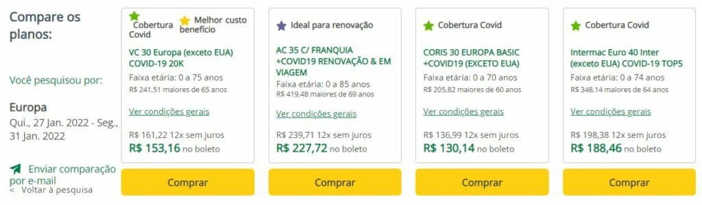 Quadro comparando opções de seguro viagem Geórgia.
