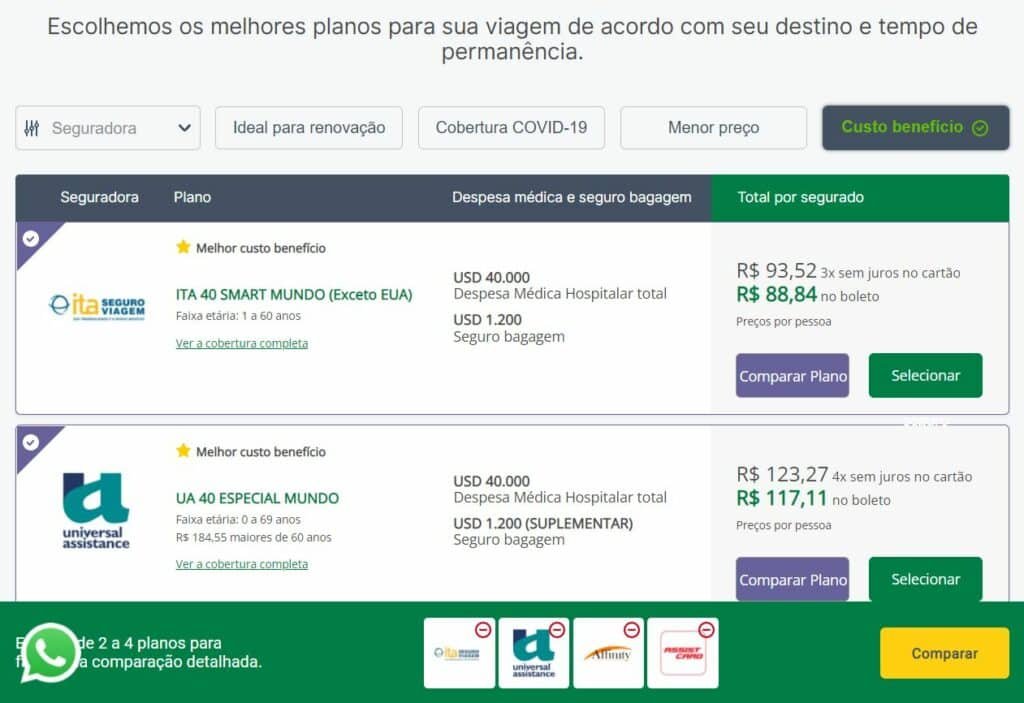 Tela da Seguros Promo mostrando opções de seguro viagem Barbados.