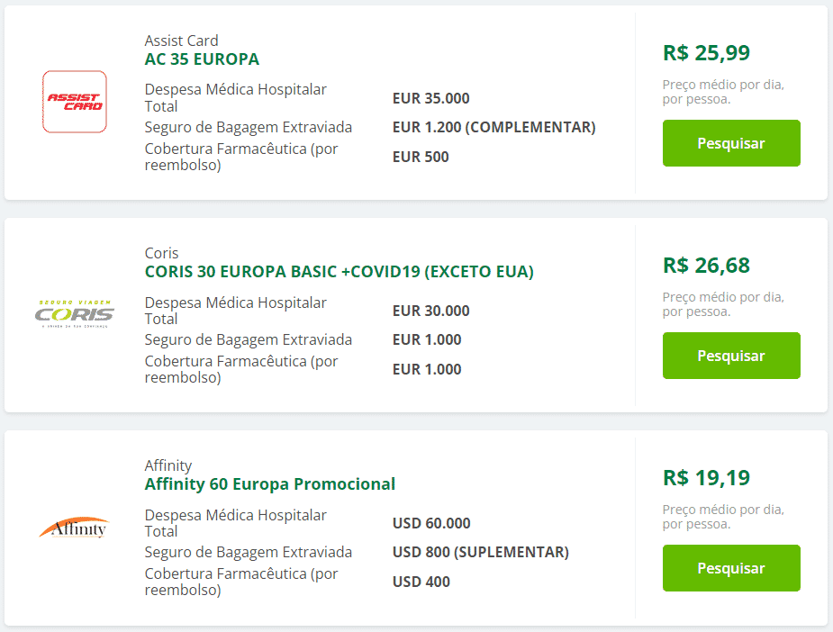 lista de preços comparadores do seguro viagem na europa