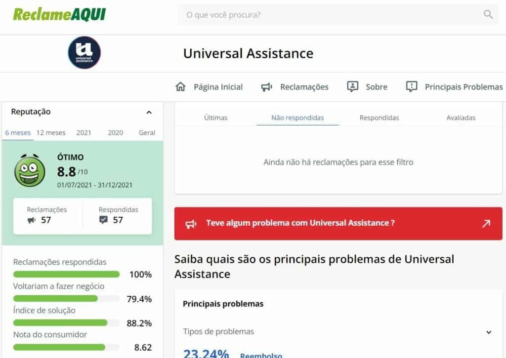 Página do Reclame Aqui da seguradora Universal Assistance